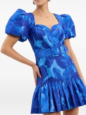 Rebecca Vallance Royal Blue Camouflage Puff-Sleeve Mini Dress